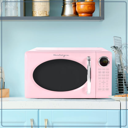 Nostalgia Retro Microwave Oven 0.7 Cu Ft, 700-Watt Countertop Size with Glass Turntable, Child Safety Lock, 8 Auto-Cook Programs, Digital Clock, Pink