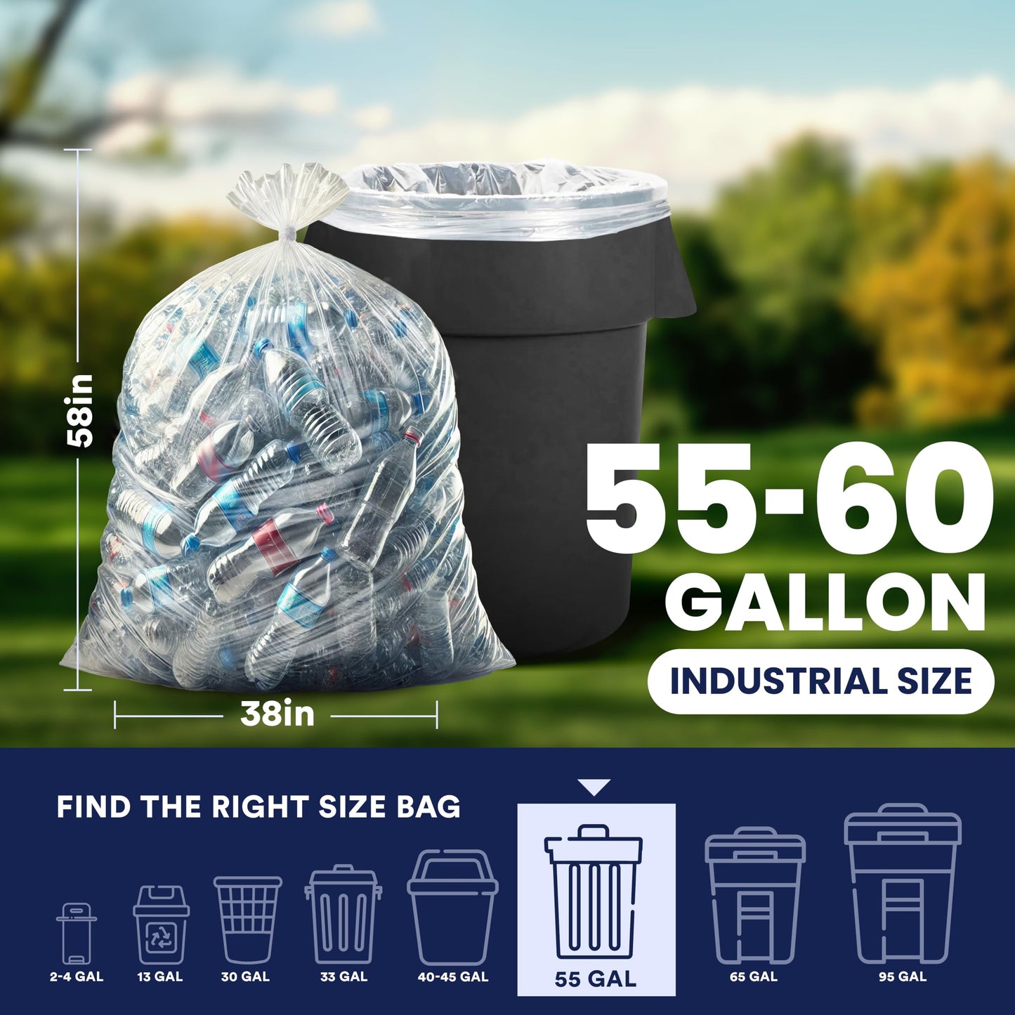 Plasticplace Contractor Trash Bags 55-60 Gallon, Heavy Duty Garbage Bags, 3.0 Mil Clear Trash Bags, Tear-Resistant Large Trash Can Liners for Construction, Recycling & Home Improvement (50 Count)
