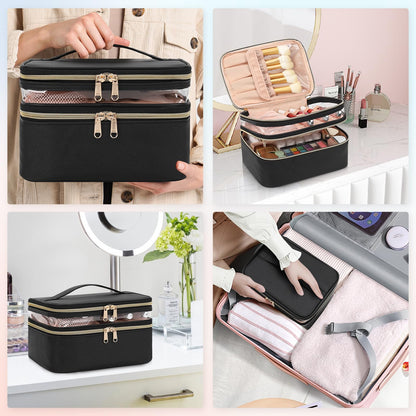 OCHEAL Makeup Bag, Double Layer Cosmetic Bag, Large Capacity Travel Makeup Organizer Bag, Make up Bags for Women and Girls Traveling Toiletry Bag With Handle and Divider-Black