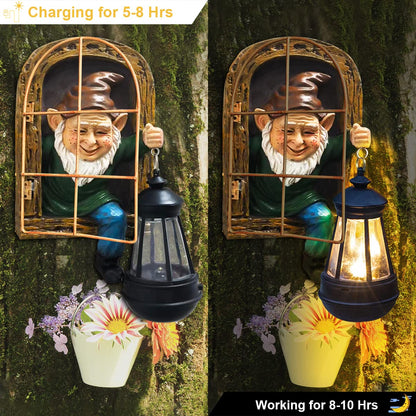 REYISO Whimsical Fairy Garden Gnomes with Solar Lights-10 Elf Out The Door Tree Hugger Garden Statues-Outdoor&Yard Decor-Tree Face Sculpture,Ideal Gnomes Gifts - Yard Art for Patio,Fence,Wall