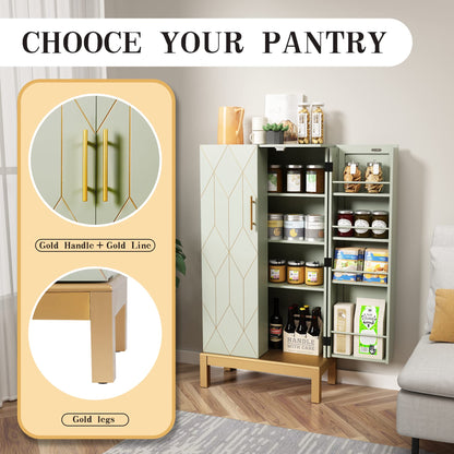 HOLTICO 45'' Kitchen Food Pantry Storage Cabinet with Doors and Adjustable Shelves for Kitchen,Dining Room,Living Room and Garage,Gold Lines and Legs,Green.