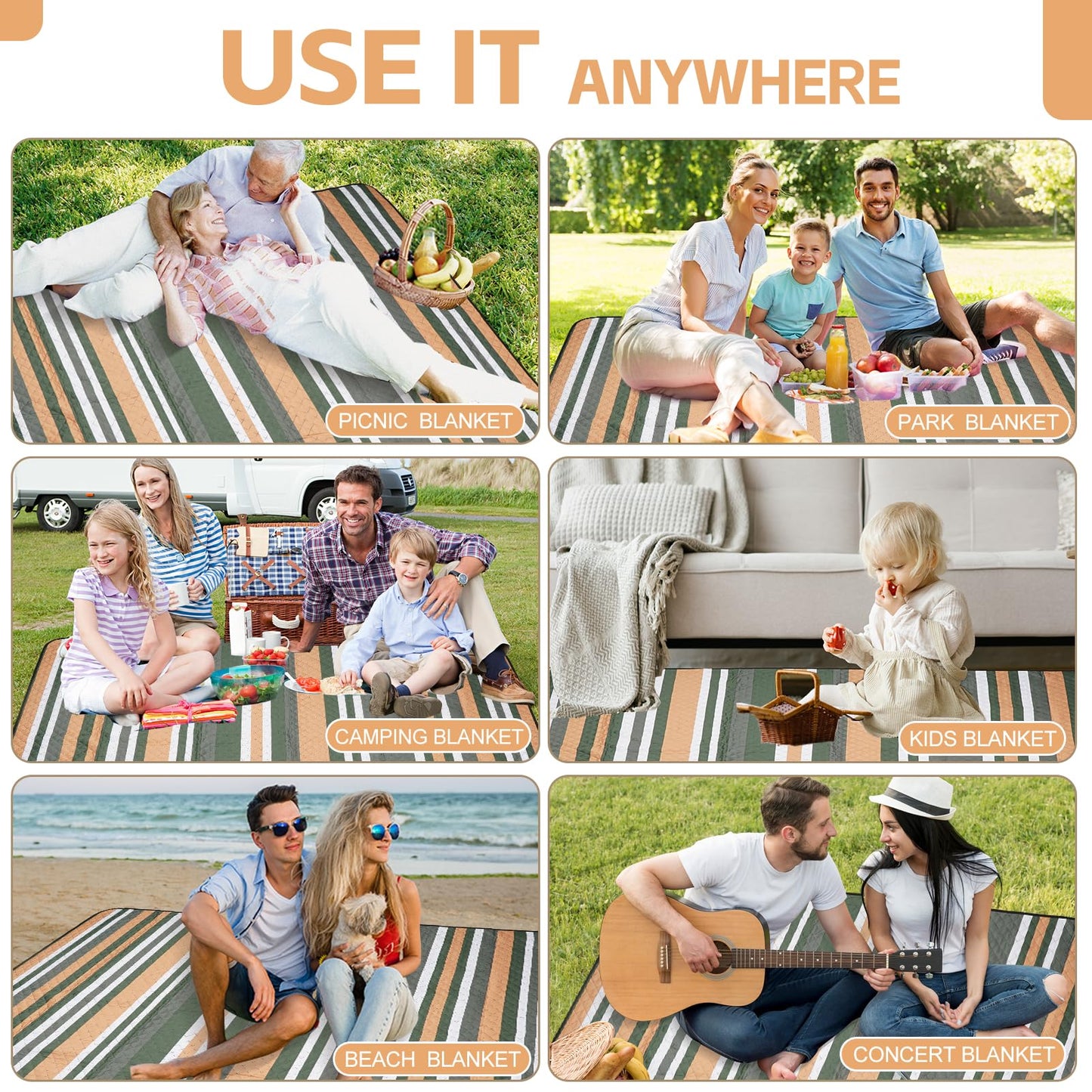 Picnic Blankets Outdoor Extra Large - 80"x80" Waterproof Beach Blanket, Machine Washable 3-Layer Foldable Park Mat with Sandproof Backing for Grass, Hiking, Travel, Concerts, Indoor (Orange)