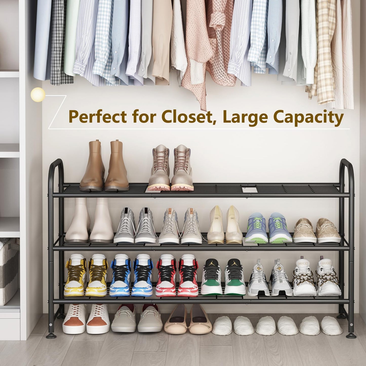 LINZINAR Shoe Rack 3 Tier Long Metal Shoe Organizer for Closet Entryway Black