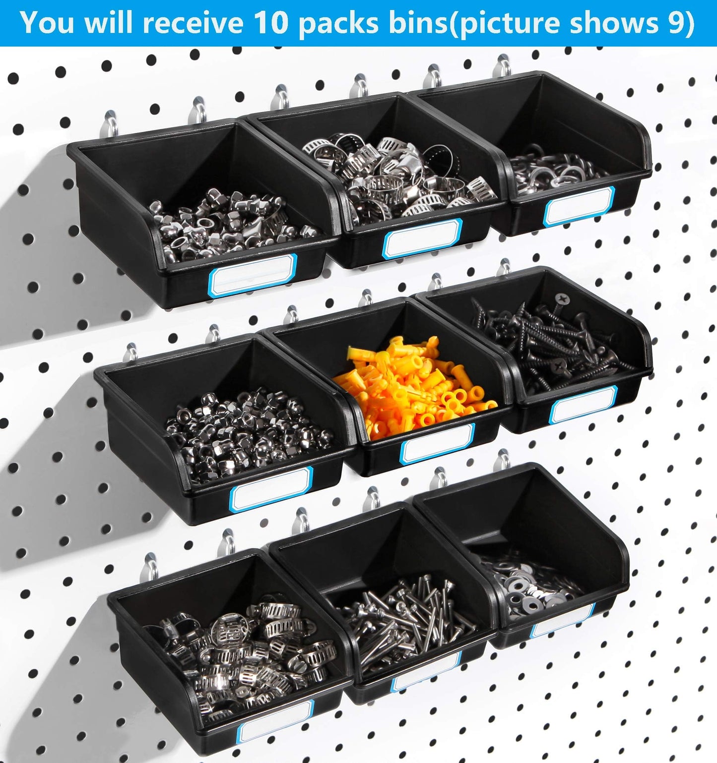 FRIMOONY Pegboard Bins with Hooks and Labels, for Organizing Accessories, 10 Packs, Black