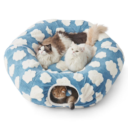 Lesure Large Cat Tunnel Bed - Cute Donut Bed for Indoor Cats with Washable Circle Cushion, Round Pet Peekaboo Cave Toy for Multi Kitten/Puppy/Rabbit, Large Blue