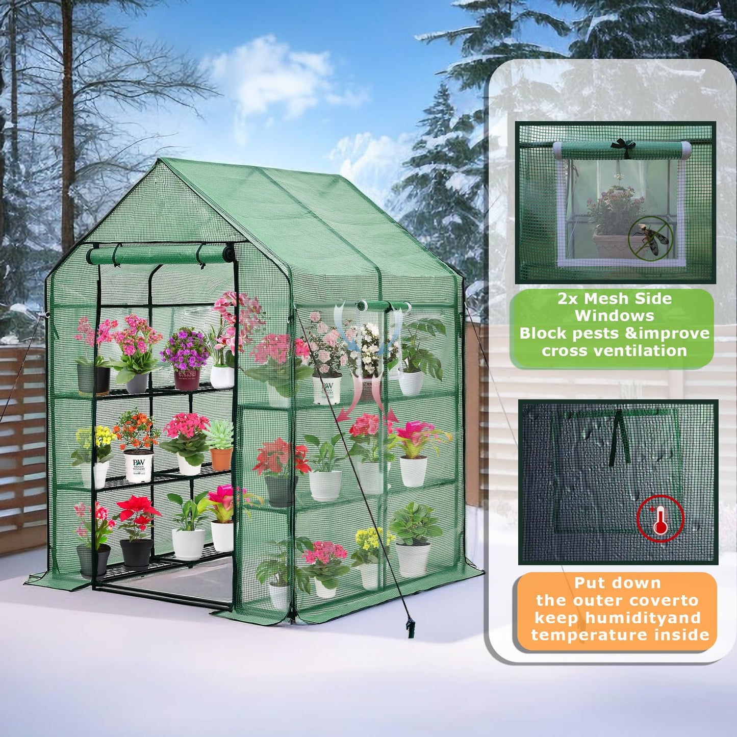 Purlyu Walk-in Greenhouse for Outdoors, Thickened PE Cover & Heavy Duty Powder-Coated Steel, Mesh Door & Screen Windows, 14 Sturdy Shelves 4.7x4.7x6.4 FT, (GHW002G)
