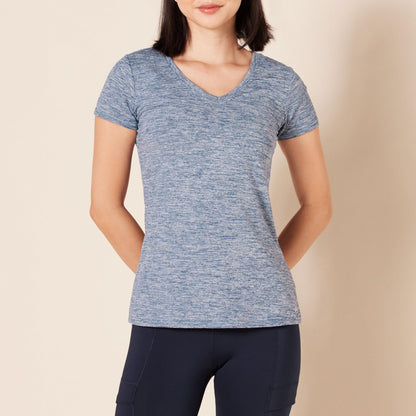 Amazon Essentials Women's Active Quick Dry Tech Stretch Short-Sleeve V-Neck T-Shirt (Available in Plus Size), Pack of 2, Black Heather/Navy Heather, Large