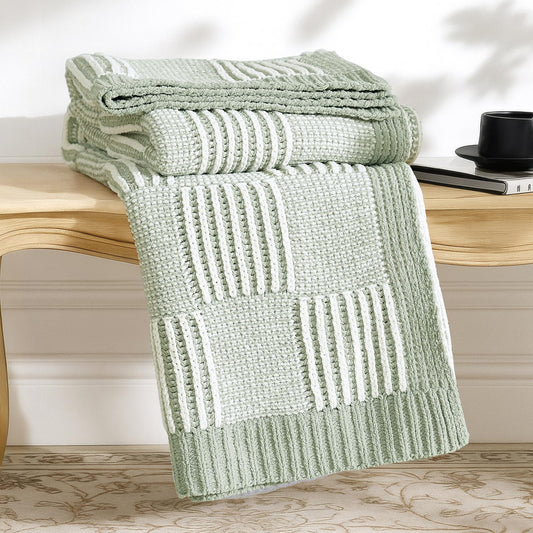 Amélie Home Chenille Knit Throw Blanket for Couch, Checkered Texture Decorative Soft Blanket for Sofa, Bed & Living Room, 50"x60", Sage Green & White