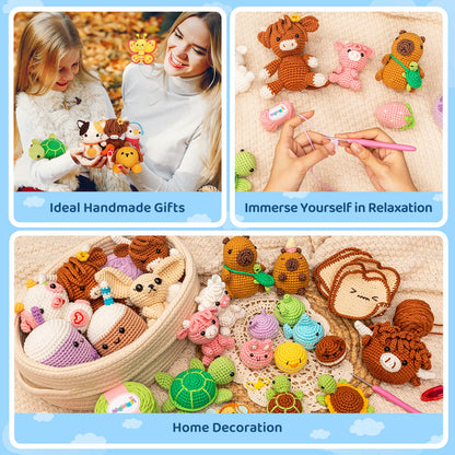 Mewaii Beginner Crochet Kit with 40% Extra Yarn, Pre-Started Yarn & Video Tutorials - 3 Sea Turtles Craft Set for Adults & Kids