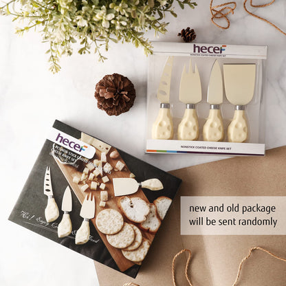 hecef Cheese Knife Set of 4, Non-Stick Coated Gift Set for Christmas, Anniversary, Party, Housewarming, Picnic, Birthdays, Wedding(Beige)
