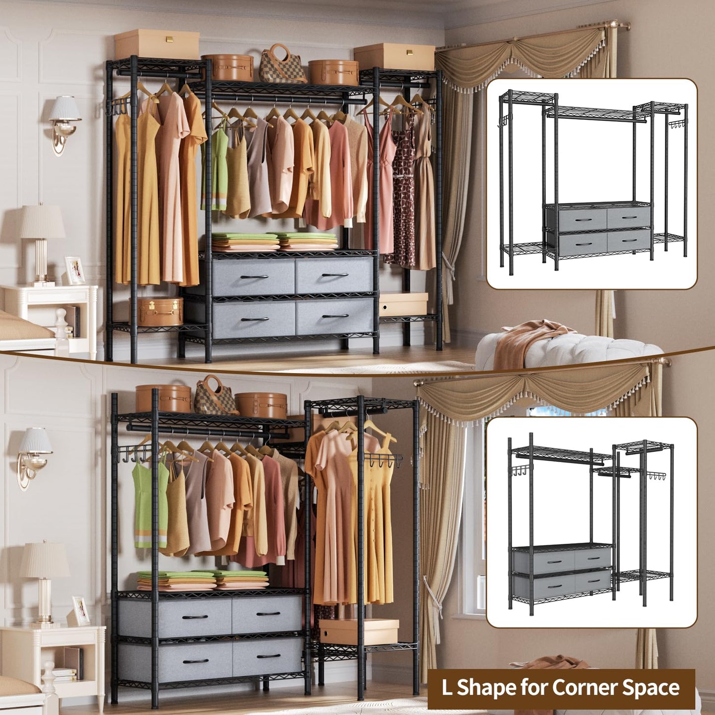 Large Garment Rack Heavy Duty Clothes Rack,Freestanding Closet Portable Clothing Rack with 8 Adjustable Wire Shelves,3 Hang Rods,4 Fabric Drawers,2 Hooks,Metal Closet Storage Wardrobe,MaxLoad 900lbs