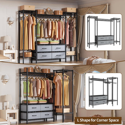 Large Garment Rack Heavy Duty Clothes Rack,Freestanding Closet Portable Clothing Rack with 8 Adjustable Wire Shelves,3 Hang Rods,4 Fabric Drawers,2 Hooks,Metal Closet Storage Wardrobe,MaxLoad 900lbs