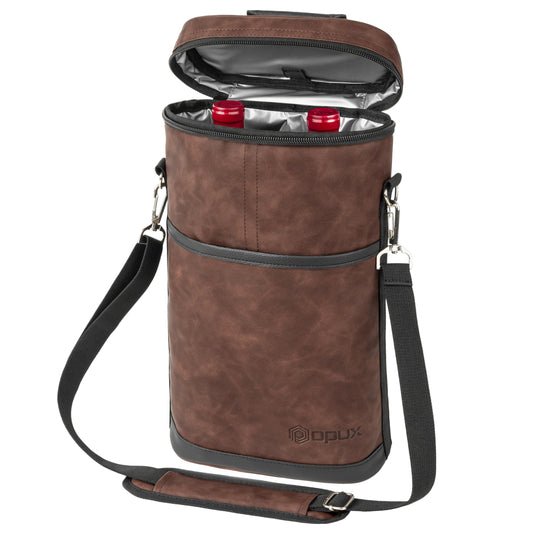 opux 2 Bottle Wine Carrier Tote, Insulated Leakproof Wine Cooler Bag, Wine Travel Bag for Picnic BYOB Beach, Portable Wine Bottle Carrying Case, Gift for Wine Lover Women Men Christmas, Brown Leather