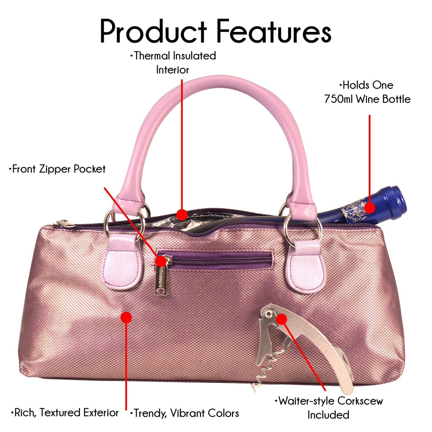 Primeware Wine Clutch Bag (Thermal Insulated) Trendy Women’s Carry Tote | Holds Red & White 750mL Bottles | Trendy Fashion | Incl. Portable Waiter-Style Corkscrew