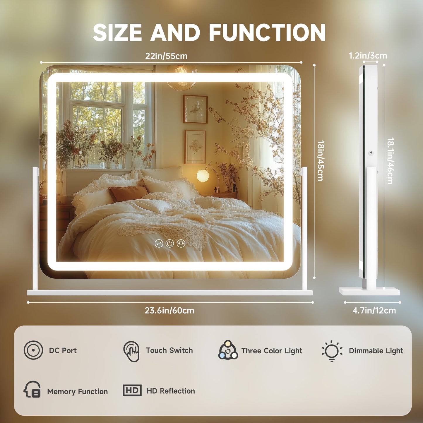 Hasipu Vanity Mirror with Lights, 22" x 18" LED Makeup Mirror, Light up Mirror with Smart Touch 3 Colors Dimmable, Brightness Adjustment, 360° Rotation (White)