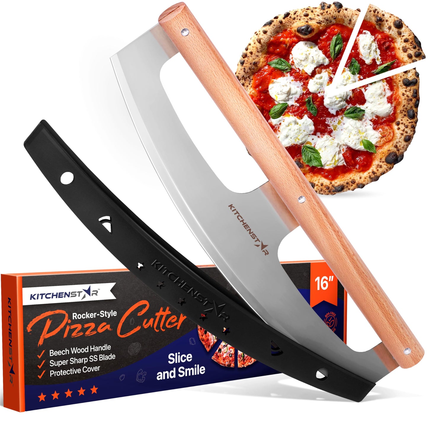 KitchenStar 16-Inch Pizza Cutter Rocker Blade - Razor Sharp Stainless Steel Slicer Knife, Stylish Beech Wood Handle, Protective Cover - Professional Pizza Oven Accessories, Silver