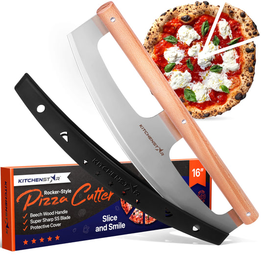 KitchenStar 16-Inch Pizza Cutter Rocker Blade - Razor Sharp Stainless Steel Slicer Knife, Stylish Beech Wood Handle, Protective Cover - Professional Pizza Oven Accessories, Silver