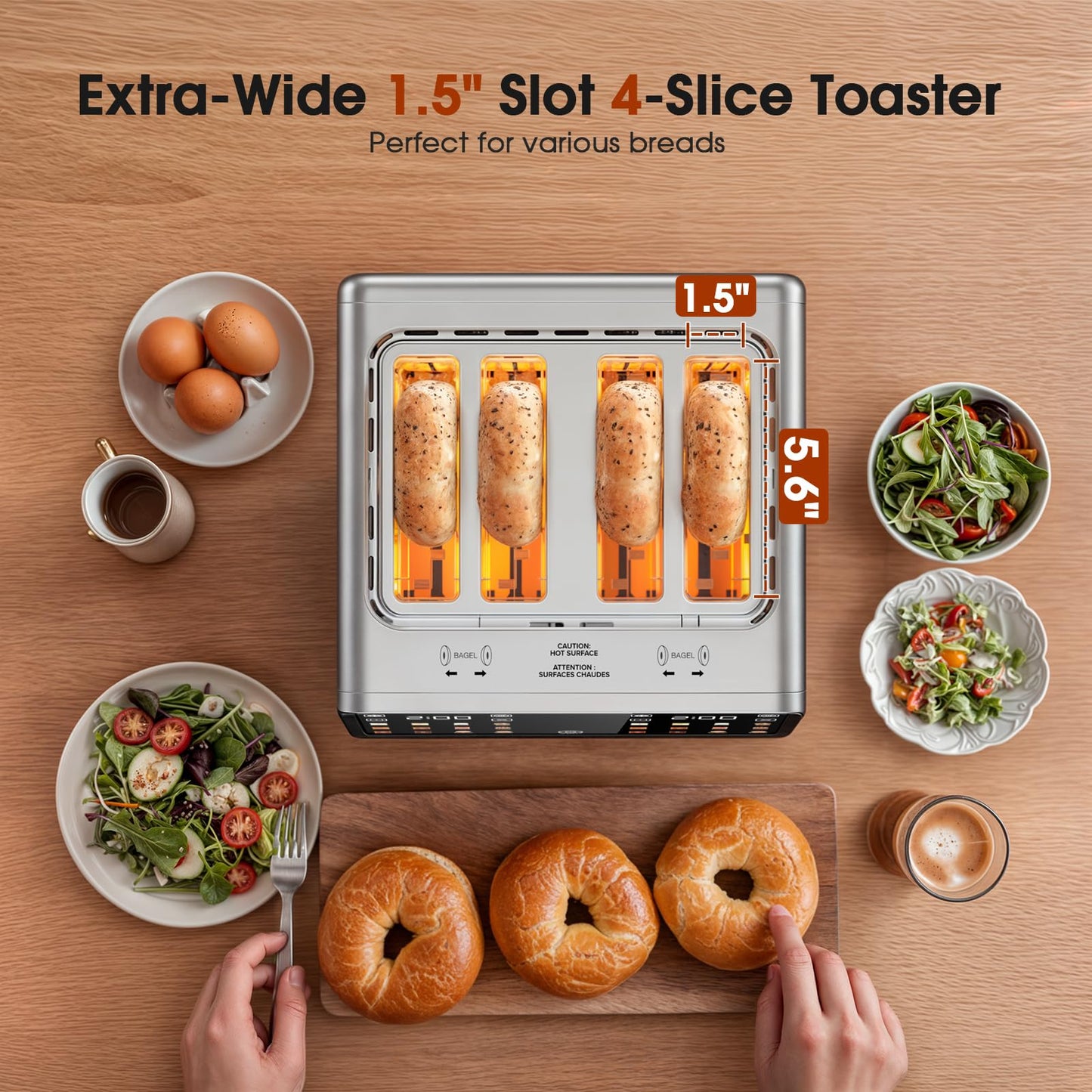 4 Slice Toaster– Dual Digital Smart TouchScreen & Independent Control Panel | Single-Slot Tech, Timer/Reheat/Defrost for Bagels, Bread | 1800W Stainless Steel, 6 Toast Types & Shade Settings