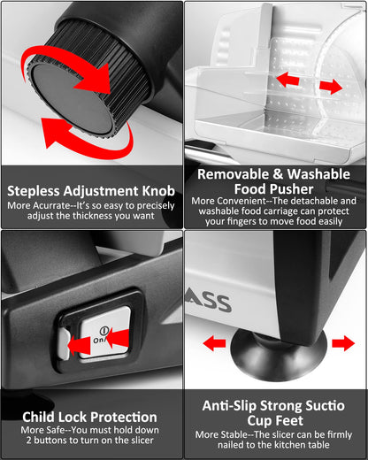 Meat Slicer, 200W Electric Deli Food Slicer with 2 Removable 7.5'' Stainless Steel Blades and Tray, Adjustable Thickness for home use,Child Lock Protection,Easy to Clean,Cuts Meat, Bread and Cheese