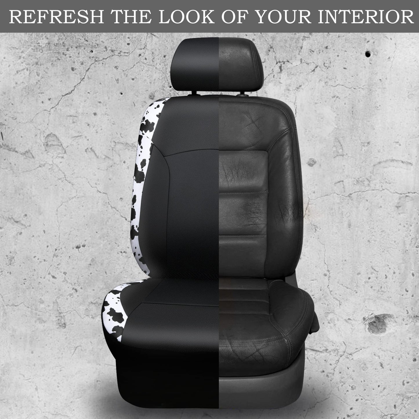 CAR-PASS Cow Print Car Accessories Sets Faux Leather Car Seat Covers & Cow Car Mats & Cow Steering Wheel Cover Seat Belt Pads Universal fit for SUV,Van,Saden,Truck Cute Automobile Interior Sets Women