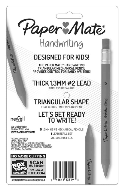 Paper Mate Handwriting Triangular Mechanical Pencil Set with Lead & Eraser Refills, 1.3mm, Back to School, Teacher Supplies, Home, Sketching, Drafting, Fun Barrel Colors, 8 Count