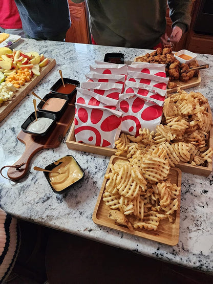 PAFREWOG Bamboo Serving Trays Charcuterie Platter 16.5"x11.8"（42x30cm with Handle, Set Includes 1xHexagon 12.5"(32cm)+1xSquare 7.8"(20cm)+1xSquare 5.9"(15cm) Small Plates for Family Dinner