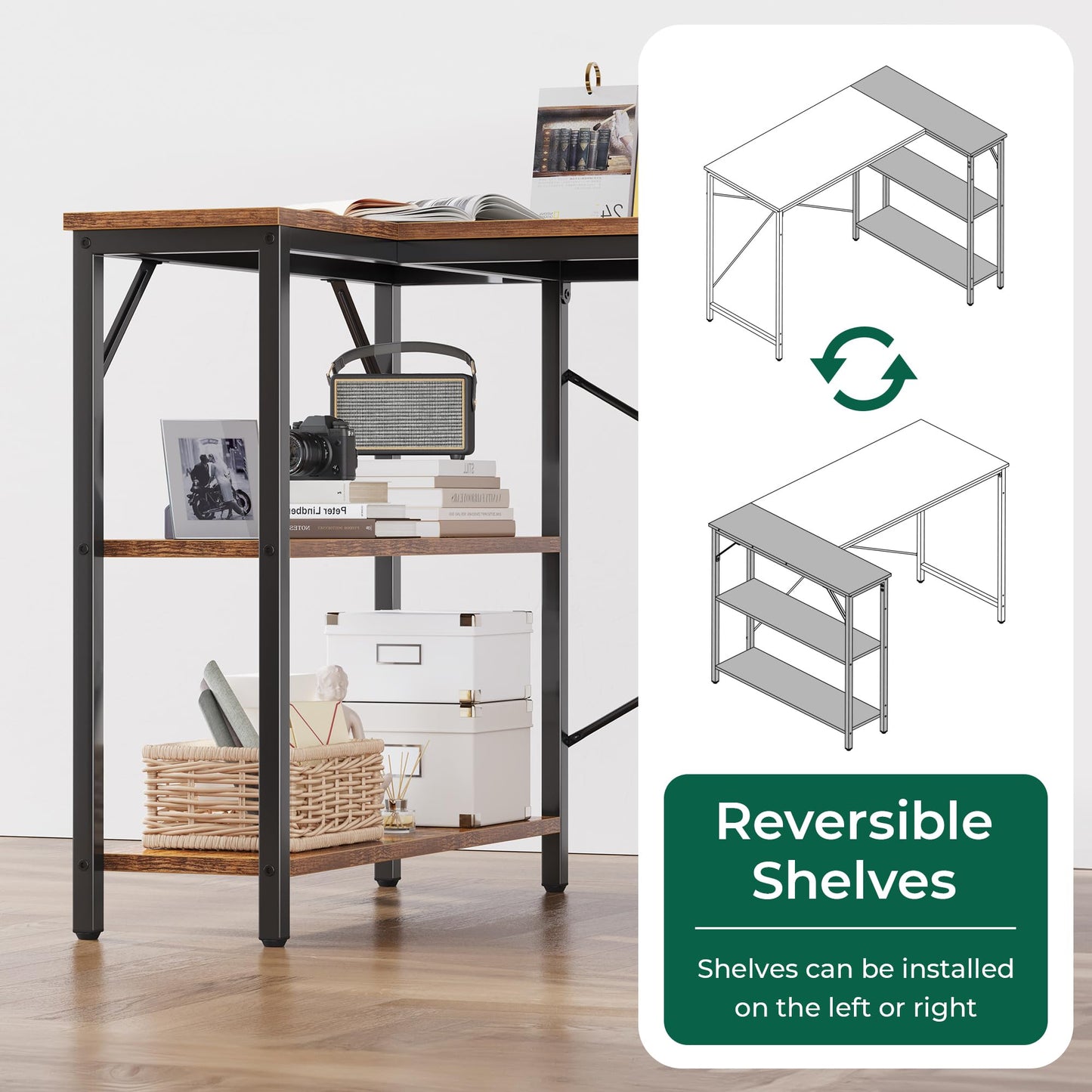 Huuger 47 Inches L Shaped Desk, Computer Desk with Reversible Storage Shelves, for Gaming Corner Home Office Writing Study, Metal Frame, Rustic Brown