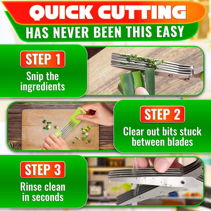 Herb Scissors with 5 Blades and Cover – Stainless Steel Herb Cutter for Fast & Precise Cutting, Compact, Easy-to-Store Design – Ergonomic Handle & Cleaning Brush for Quick and Comfortable Kitchen Prep