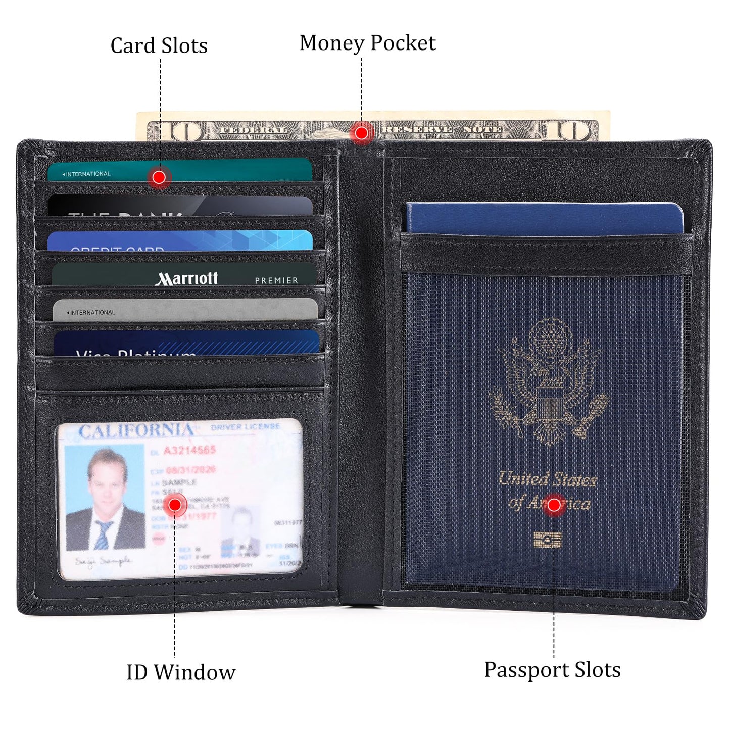 Polare Luxury RFID Blocking Leather Passport Holder Travel Wallet For Men and Women (Black with AirTag Slot)