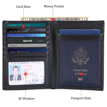 Polare Luxury RFID Blocking Leather Passport Holder Travel Wallet For Men and Women (Black with AirTag Slot)