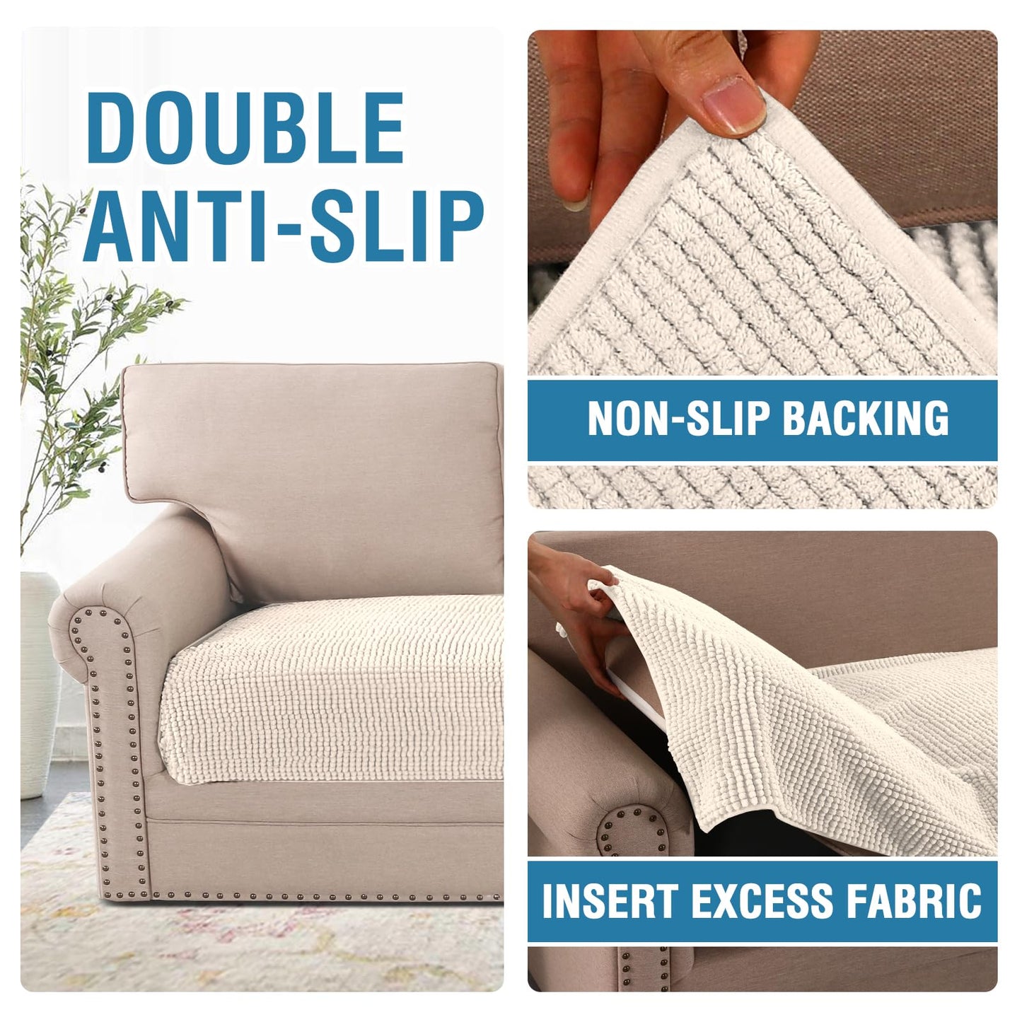 H.VERSAILTEX Plush Chenille Dog Bed Cover Thick Soft Sofa Cover for 3 Cushion Couch Anti Slip Couch Cover Furniture Protector for Dog, Pet, Cat (35" x 74", Ivory)