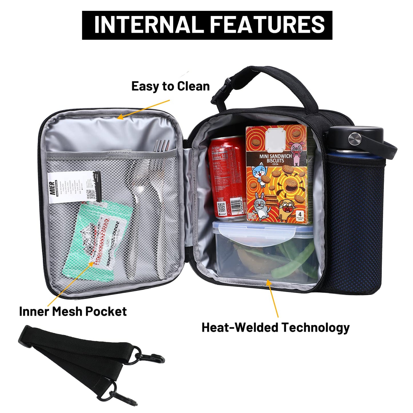 MIER Expandable Lunch Bag Insulated Lunch Box for Men to Work Travel Portable Lunchbox Bags with Shoulder Strap and Water Bottle Holder, Black