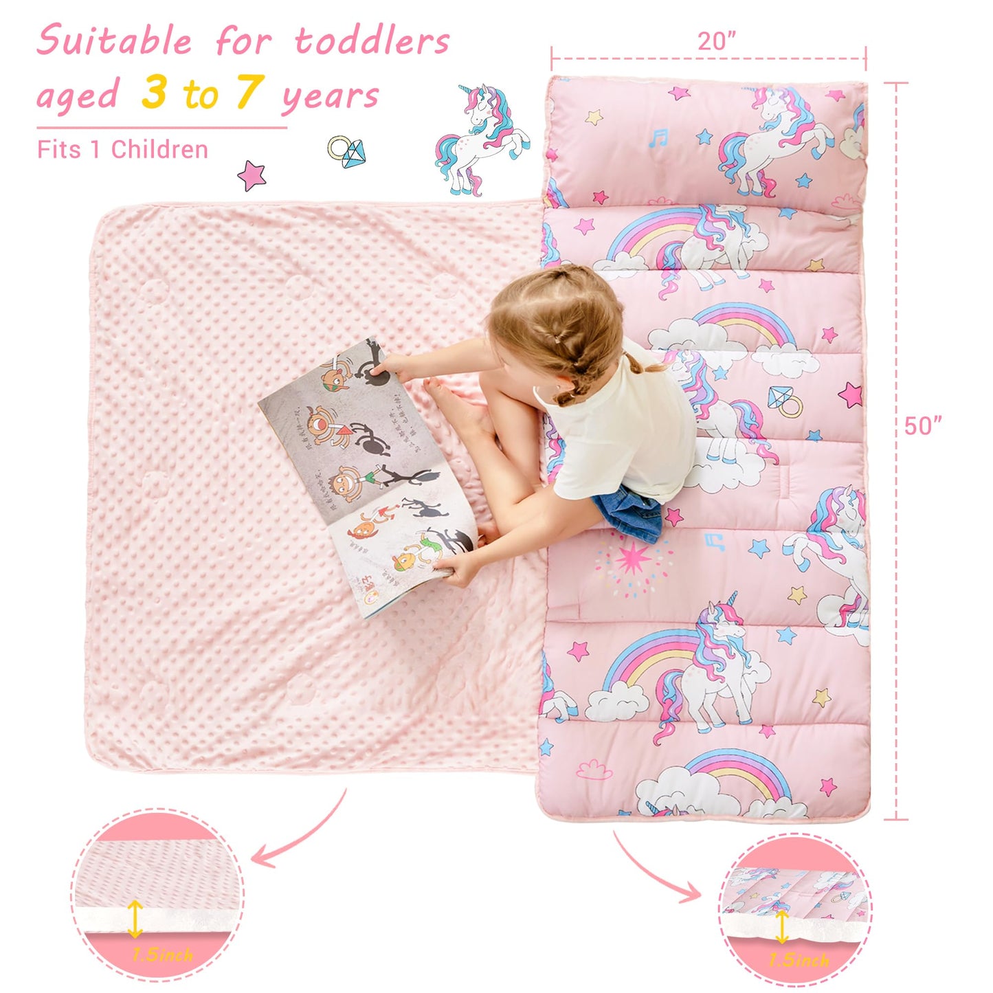 Lasoftan Toddler Nap Mat with Pillow and Blanket, Extra Large Rolled Napping Mats, Toddler Nap Mat for Boys Girls,Kids Sleeping Mat for Daycare, Preschool Travel Camping, Unicorn