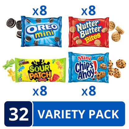 OREO Mini Cookies, CHIPS AHOY! Mini Cookies, SOUR PATCH KIDS Candy & Nutter Butter Bites & Candy Variety Pack, 32 Snack Packs