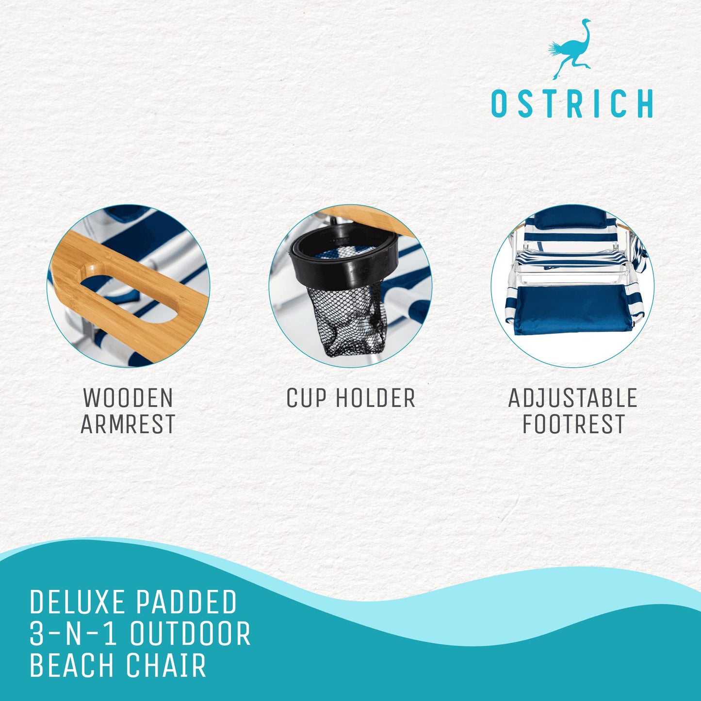 Ostrich Deluxe 3N1 Lightweight Lawn Beach Reclining Lounge Chair with Footrest, Outdoor Furniture for Patio, Balcony, Backyard, or Porch, Blue Stripe