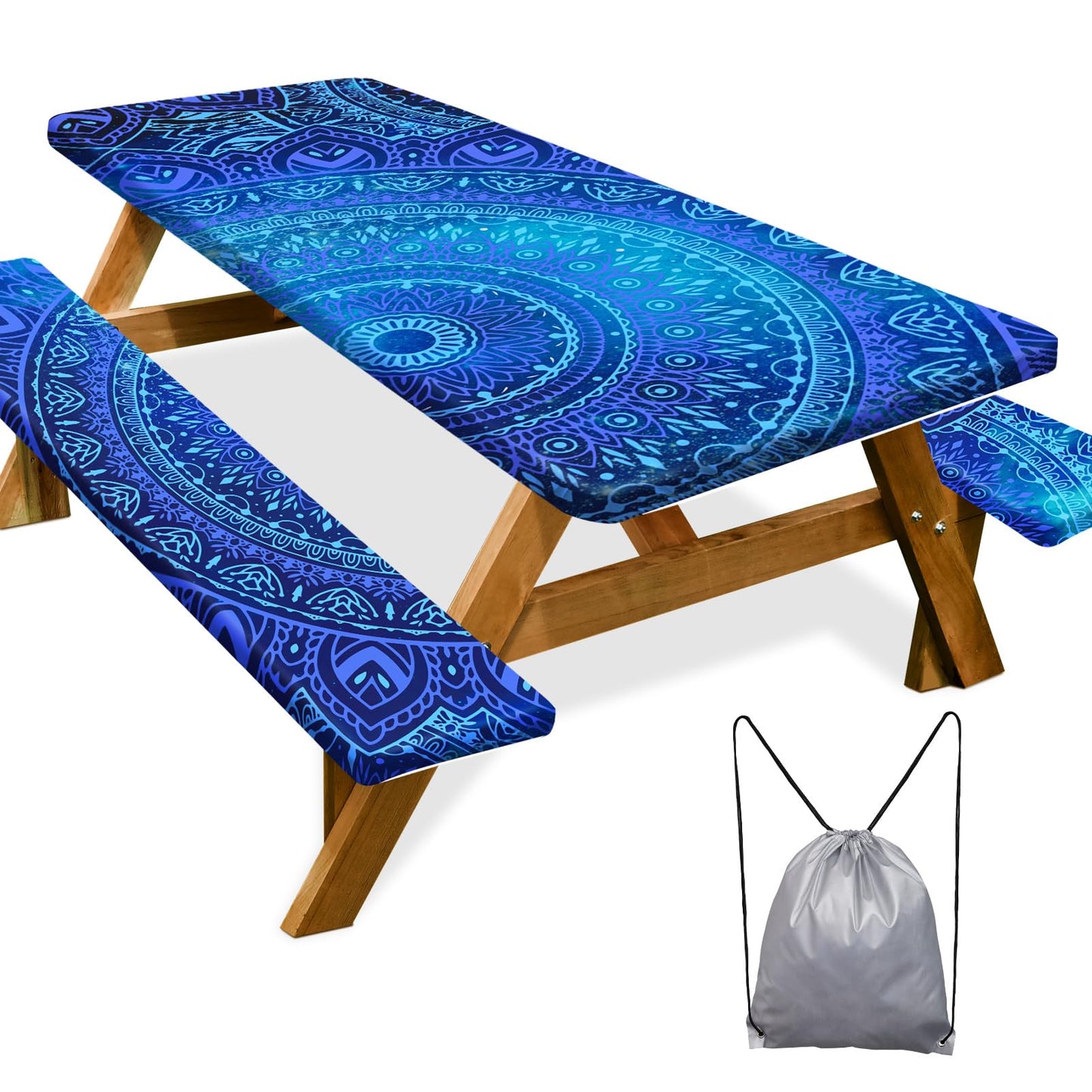 Picnic Table Cover with Bench Covers 6FT 3 Pcs Waterproof Windproof Aesthetic Camping Tablecloth with Drawstring Bag, Fitted for 6 Foot Rectangle Tables and Seats, 72 inch, Dark Blue Green