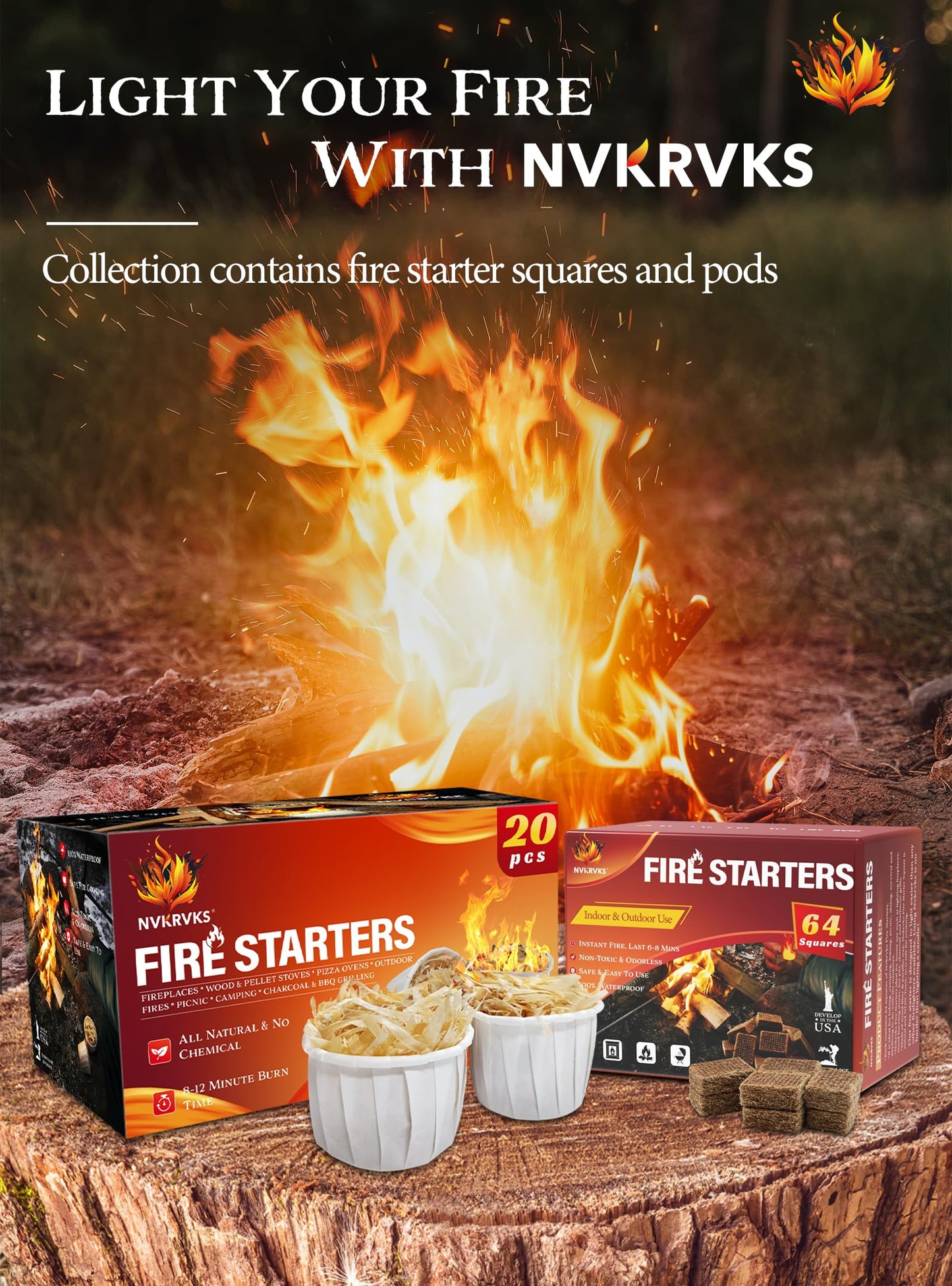 Nvkrvks Fire Starter, Easy-Burning Fire Starter Squares for Wood Stoves, Campfires, Grill Pit and Fireplace, Natural & Waterproof BBQ Fire Starters, 64 Mini Square