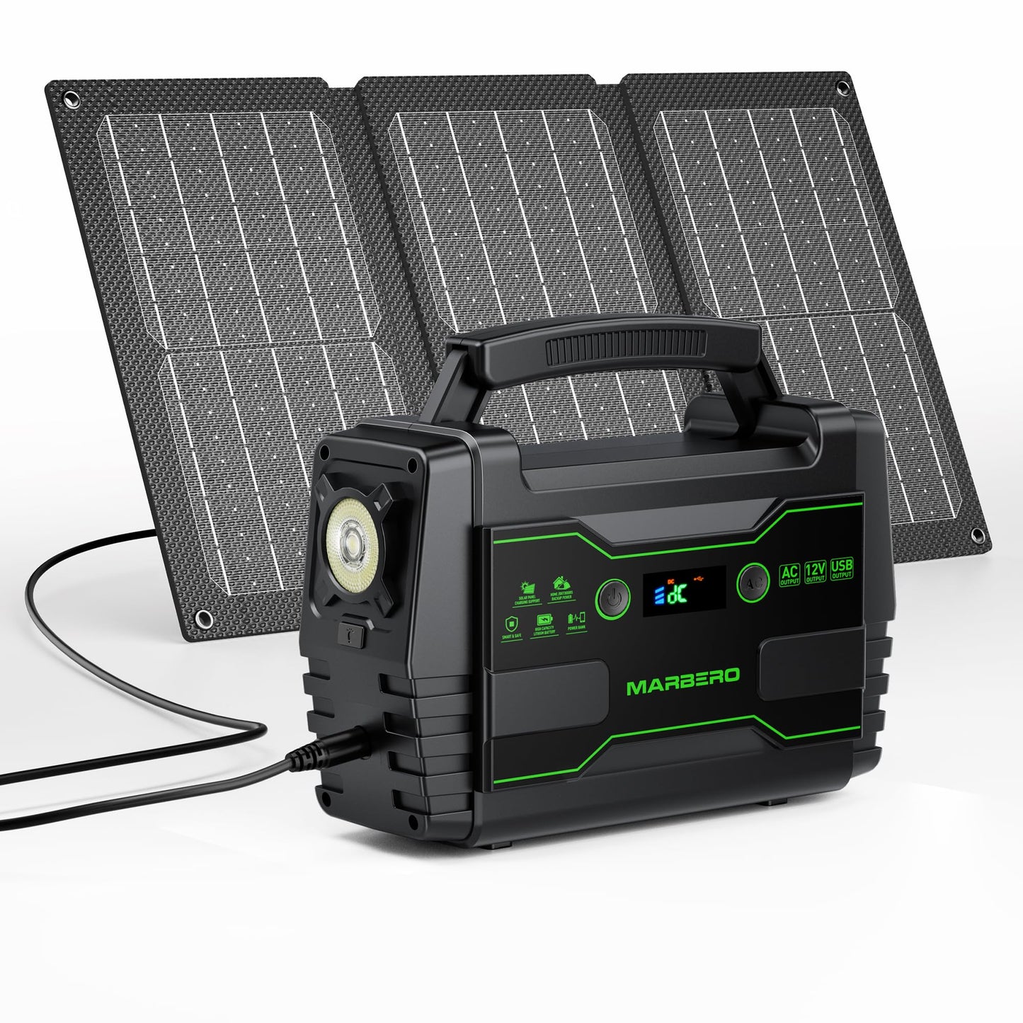 MARBERO 100W Solar Powered Generator with 30W Foldable Solar Panels 150Wh Lithium Battery Portable Power Station with AC DC and USB Outputs for Camping Emergency Home Backup Blackout Hiking