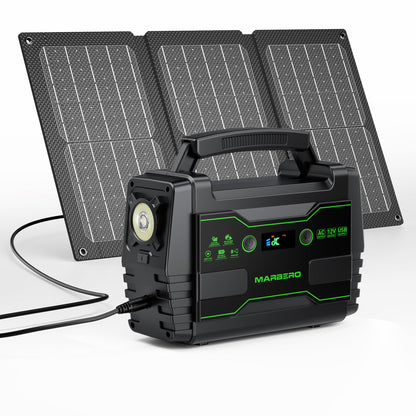 MARBERO 100W Solar Powered Generator with 30W Foldable Solar Panels 150Wh Lithium Battery Portable Power Station with AC DC and USB Outputs for Camping Emergency Home Backup Blackout Hiking