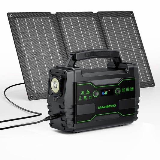 MARBERO 100W Solar Powered Generator with 30W Foldable Solar Panels 150Wh Lithium Battery Portable Power Station with AC DC and USB Outputs for Camping Emergency Home Backup Blackout Hiking