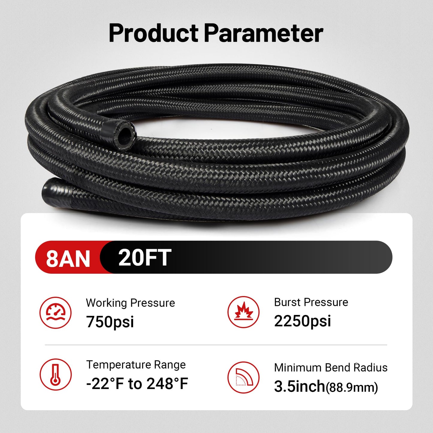 EVIL ENERGY 8AN Nylon Braided Fuel Line Kit, AN8 Fuel Hose Kit CPE 20FT Black&Red