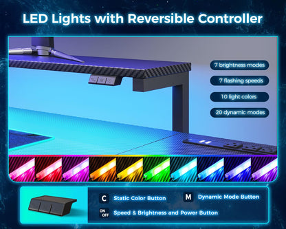 MOTPK L Shaped Gaming Desk with Power Outlet, Reversible Gaming Desk with Height Adjustable Monitor Stand, Gaming Computer Desk 43inch with LED Lights, Home Office Desk, Black