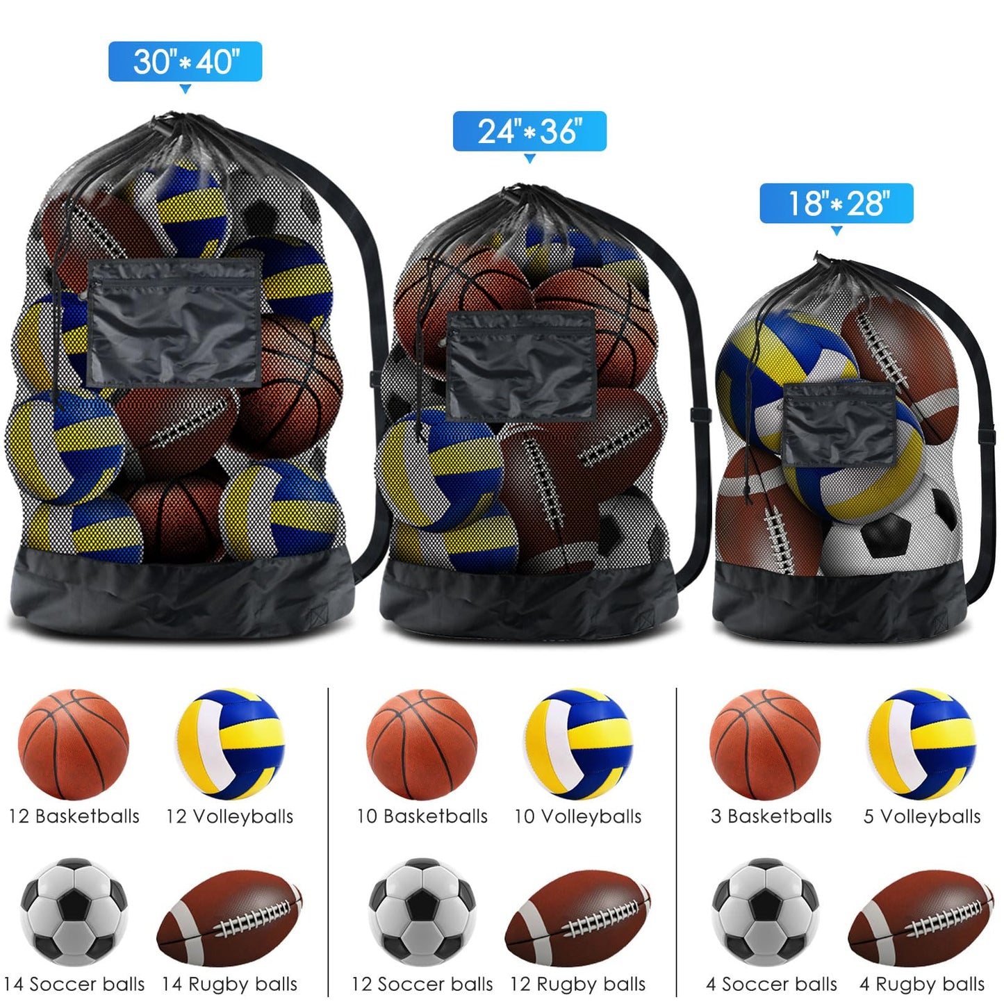 BROTOU Thickened Extra Large Sports Ball Bag Mesh Socce Ball Bag Heavy Duty Drawstring Bags Team Work for Holding Basketball, Volleyball, Baseball, Swimming Gear with Shoulder Strap