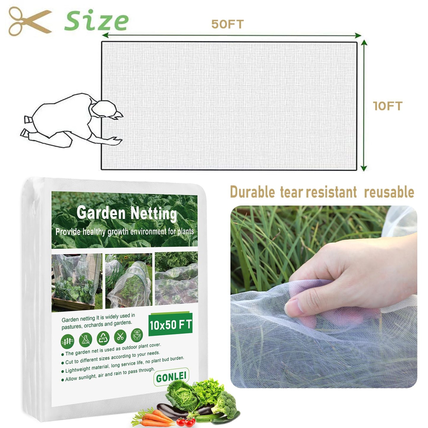 GonLei Garden Netting 10 X 50 FT Ultra Fine Netting for Garden Protection,Garden Netting for Raised Beds,Mosquito Net for Blueberry Shrubs Vegetables Fruits Flowers Crops Pest Barrier