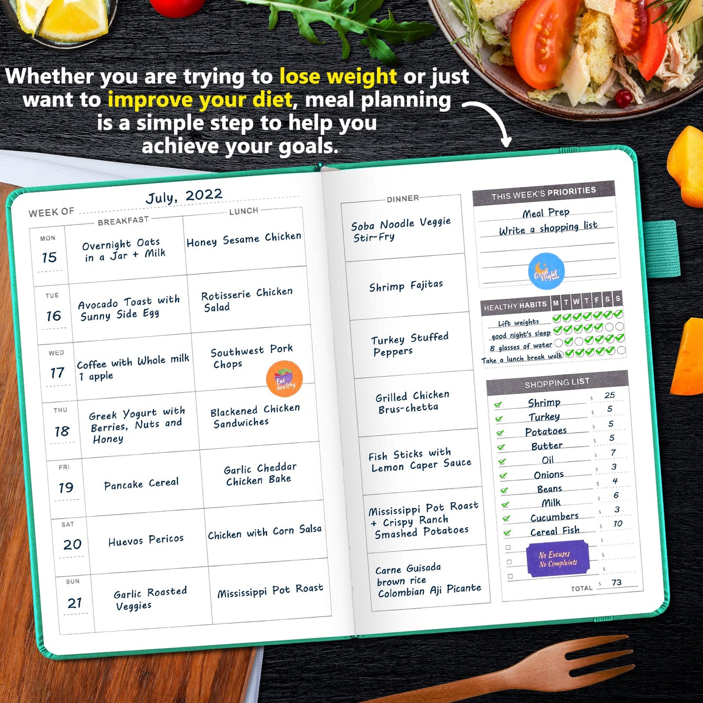 JUBTIC Meal Planner Notebook, Weekly & Daily Meal Prep Journal with Shopping and Grocery Lists for Food Planning Menu Planning Healthy Diet and Habits Tracker, Last 1 Year,Undated, A5, Green