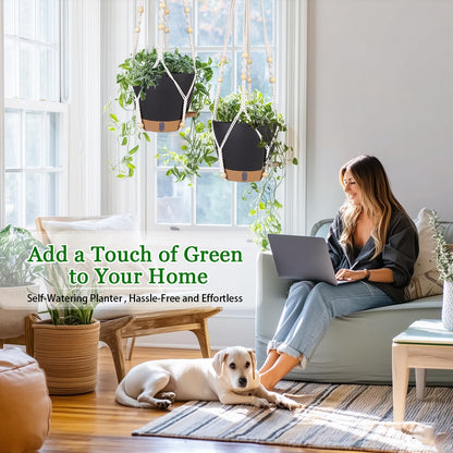 Hanging Planter Self Watering 8 Inch, 2 Pack Hanging Baskets for Plants, Hanging Flower Pots with Drainage Hole & 2 Kinds of Plant Hangers for Garden Home Decor (Black, 8 inch)