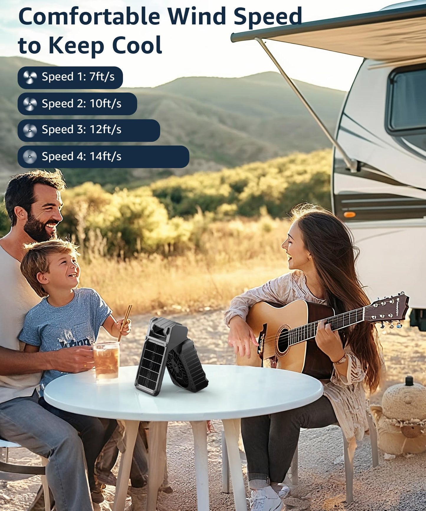 lynker Camping Fan Solar Powered with LED Lantern & Power Bank, Portable Rechargeable Battery Operated, 4 Speeds, 35dB Ultra-Quiet, 8H Timer, Foldable Fan for Tent, RV, Emergency, Hiking (Black)