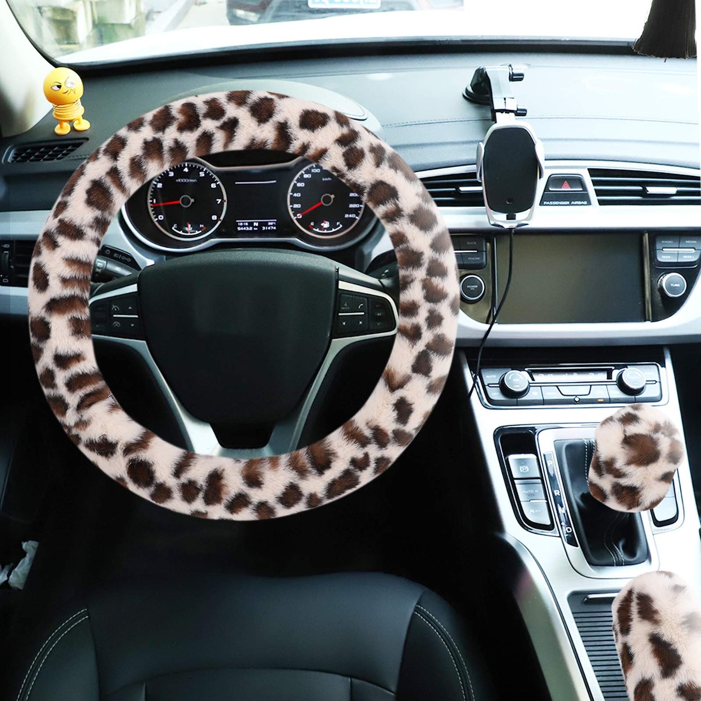Fuzzy Steering Wheel Cover for Women Girls, Accmor Universal Fit 15 inch Fur Car Wheel Cover & Handbrake Cover & Gear Shift Cover Set, Fashion Leopard Winter Warm Fluffy Vehicle Wheel Protector