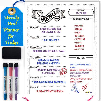 Magnetic Weekly Meal Planner for Refrigerator – 16x12” Dry Erase Menu Board for Kitchen – Fridge Calendar with 3 Markers & Eraser – Track Meals, Groceries, Notes & More – Easy-Clean Whiteboard