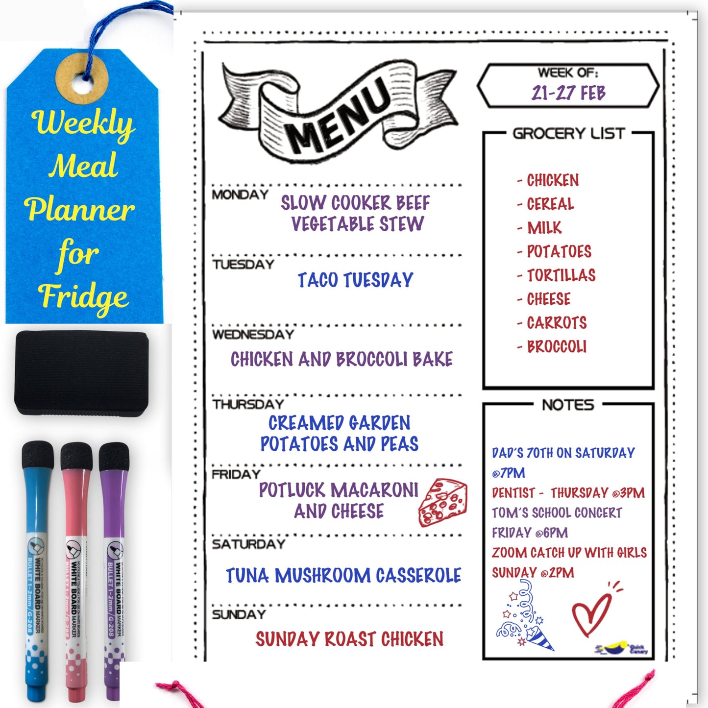 Magnetic Weekly Meal Planner for Refrigerator – 16x12” Dry Erase Menu Board for Kitchen – Fridge Calendar with 3 Markers & Eraser – Track Meals, Groceries, Notes & More – Easy-Clean Whiteboard